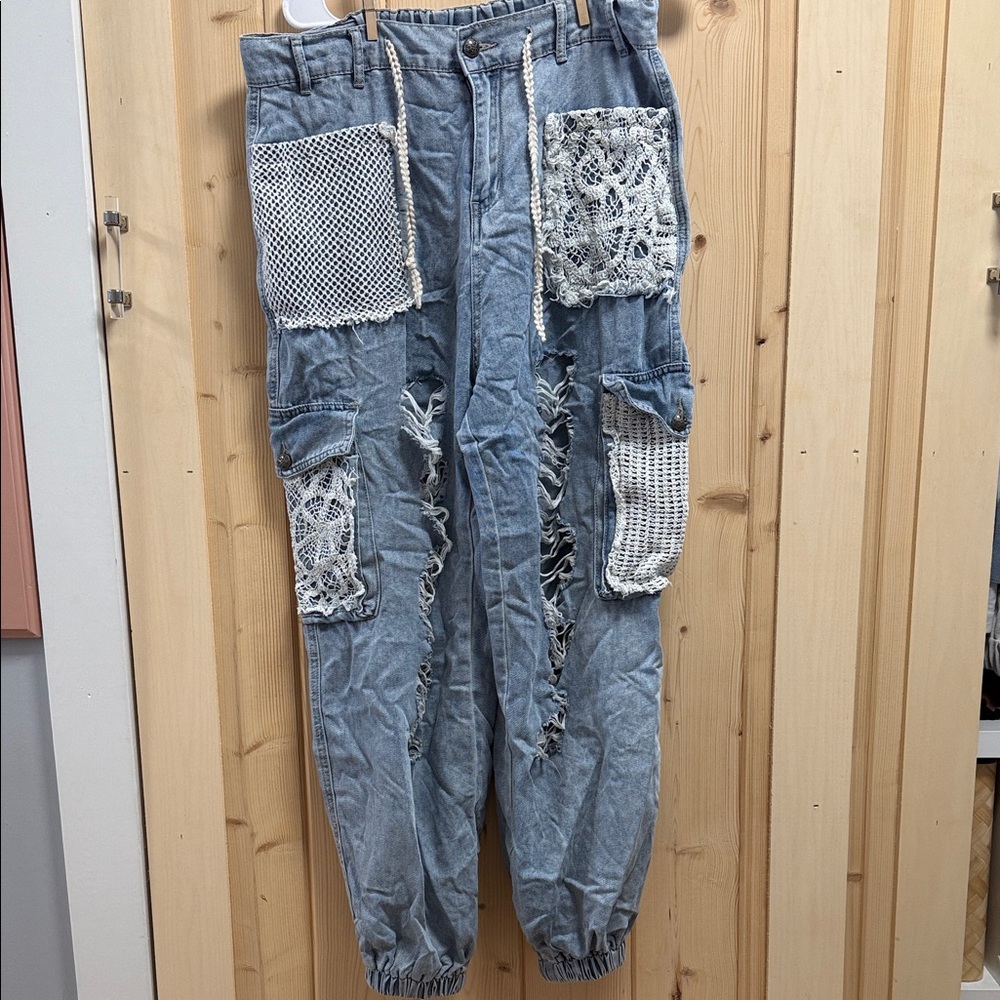 Distressed Denim Cargo Pants with Lace Accents